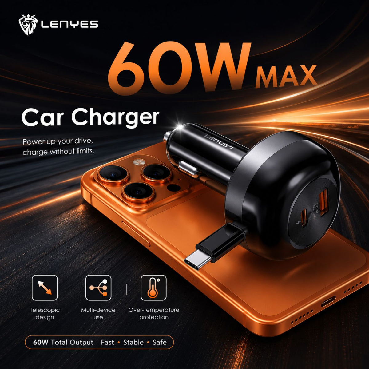 Lenyes CA59 60W Retractable Car Charger with Built in Charger