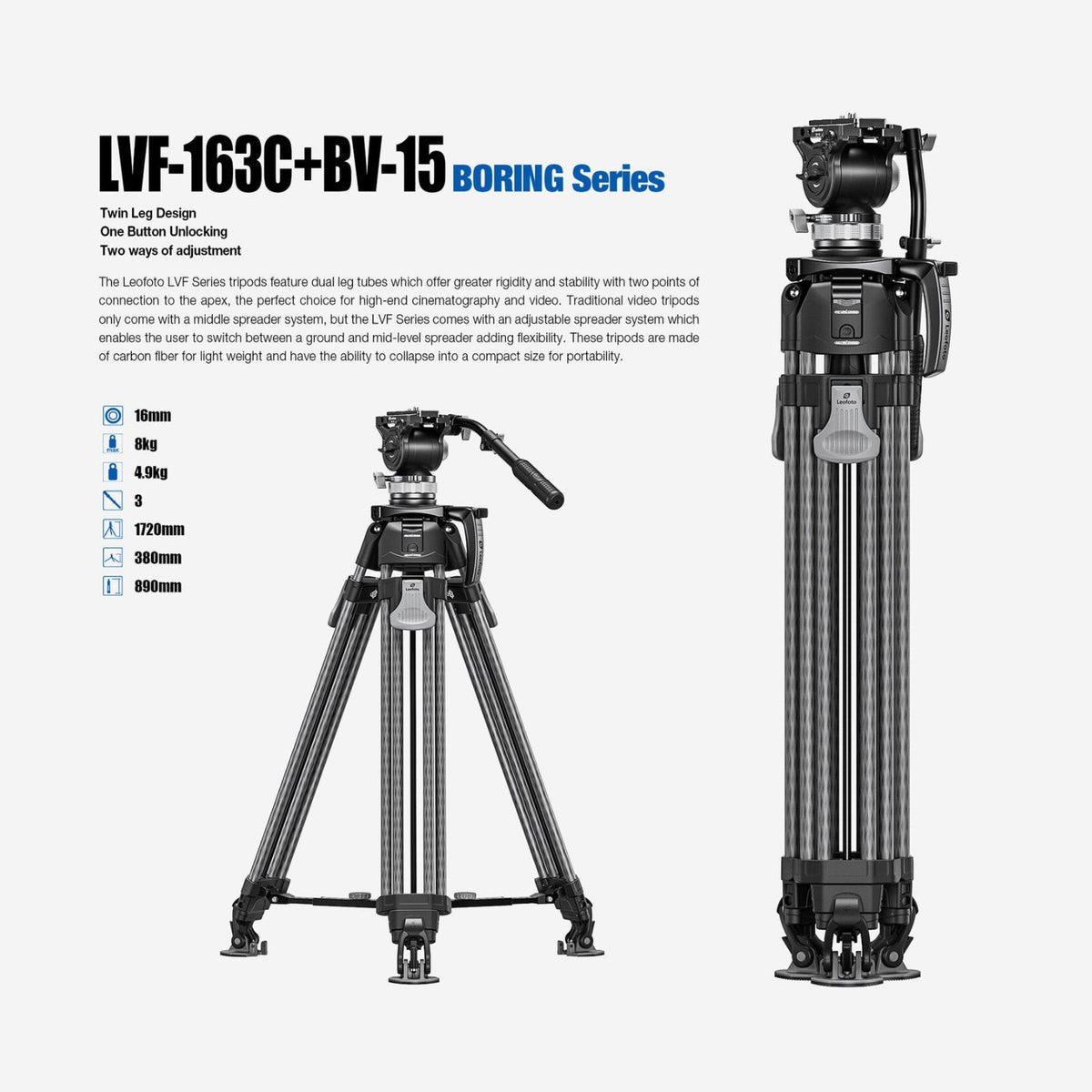Leofoto LVF-163C+BV-15 Video Tripod and Fluid Head System