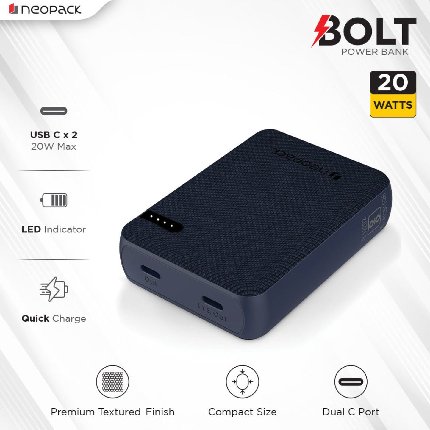 Neopack-Bolt-10000-mAH-Power-Bank-with-Dual-USB-C-Port-Navy-Blue-Online-Buy-India - Hey Jimmy