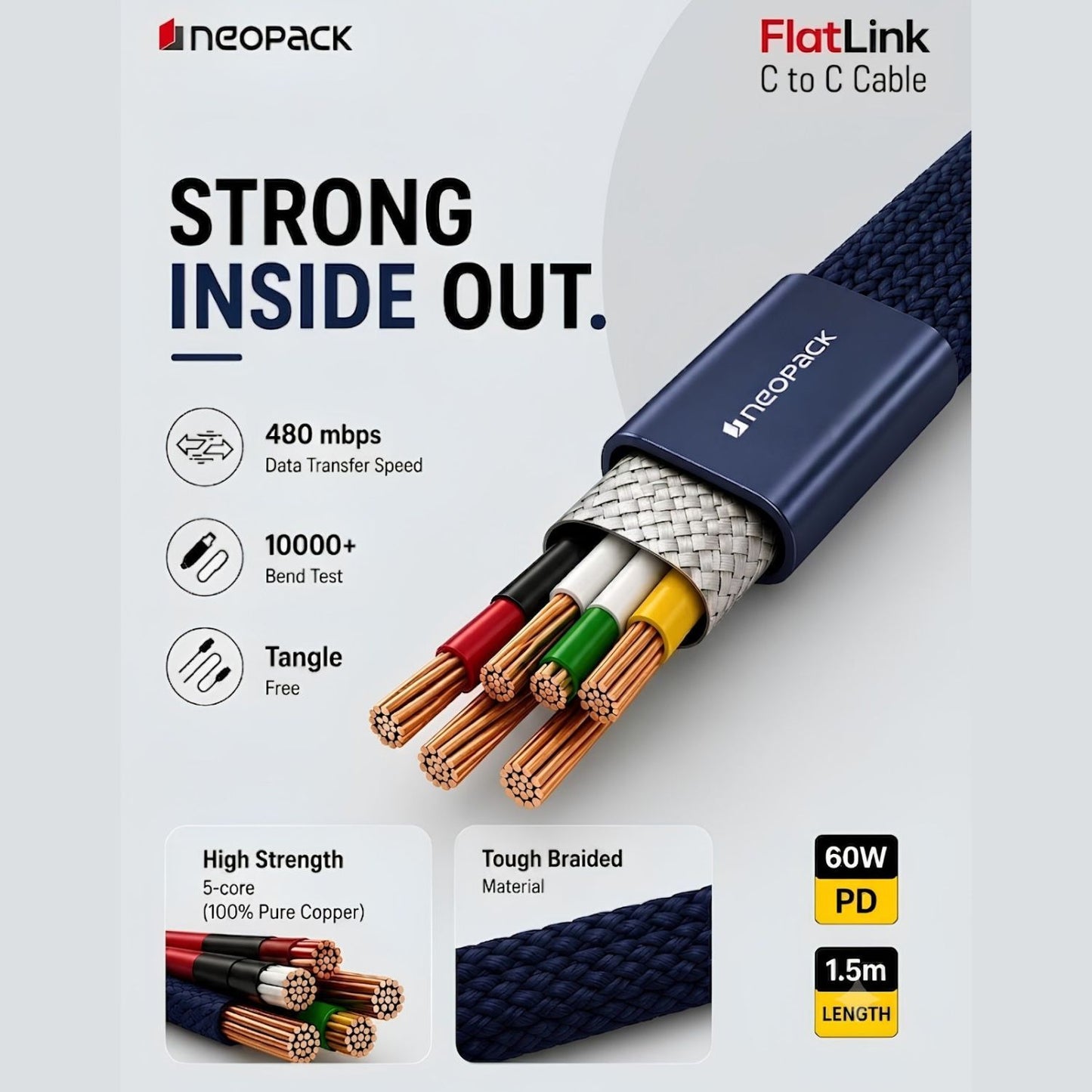 Neopack Flatlink Type-C to C 60W PD Fast 1.5M Charging Cable