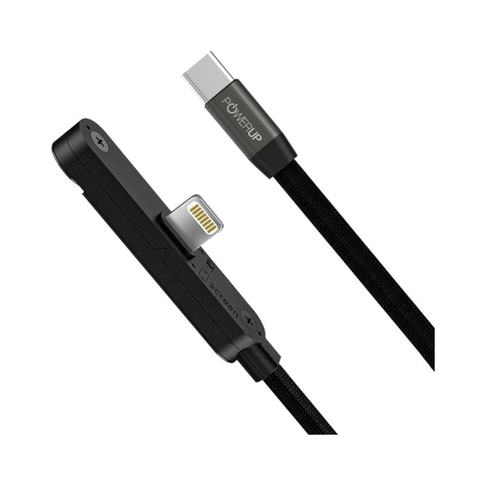 POWERUP Kickstand 2 IN 1 Zinc Alloy Braided Flat Type-C to Lightning 1.5mtr Cable (Black)