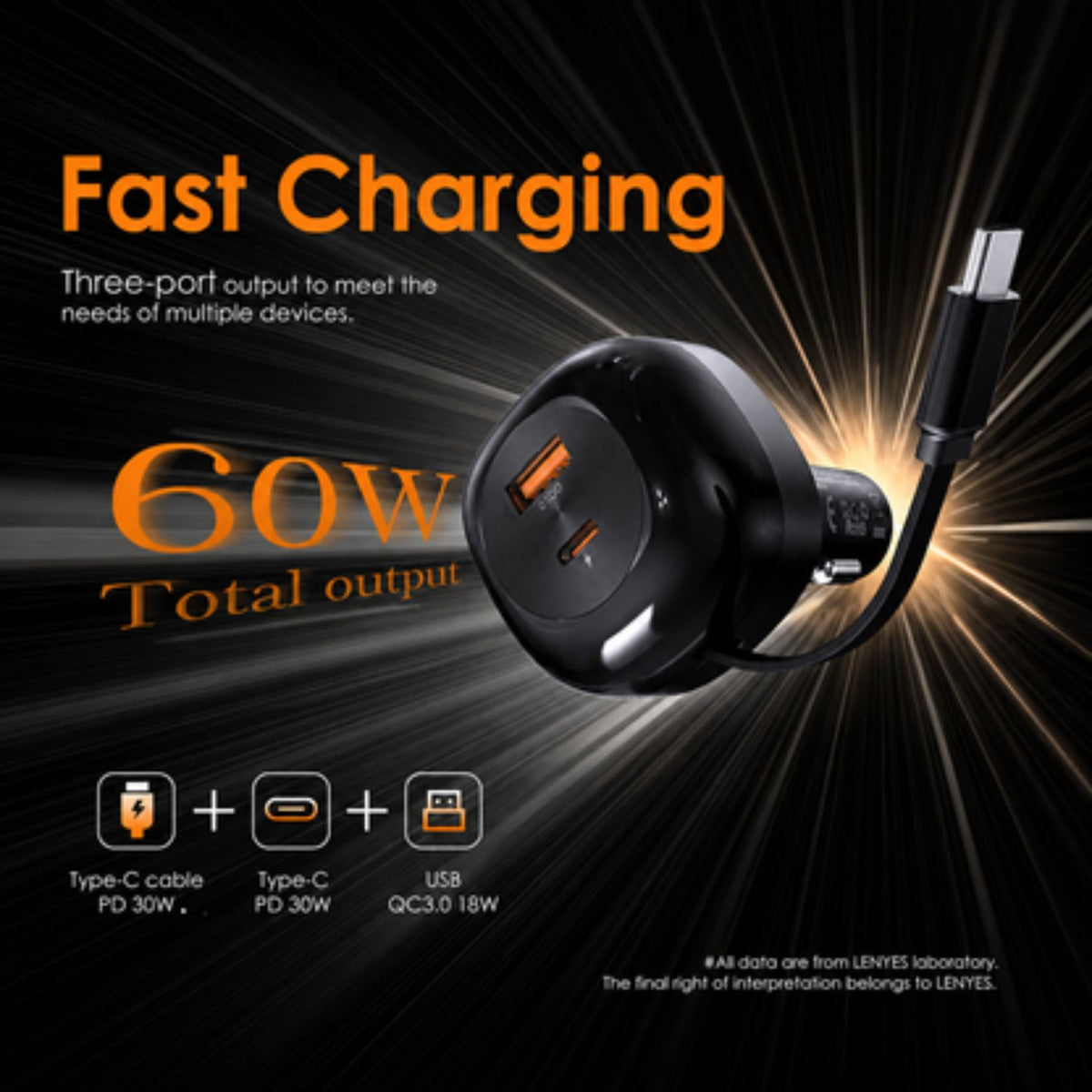 Lenyes CA59 60W Retractable Car Charger with Built in Charger