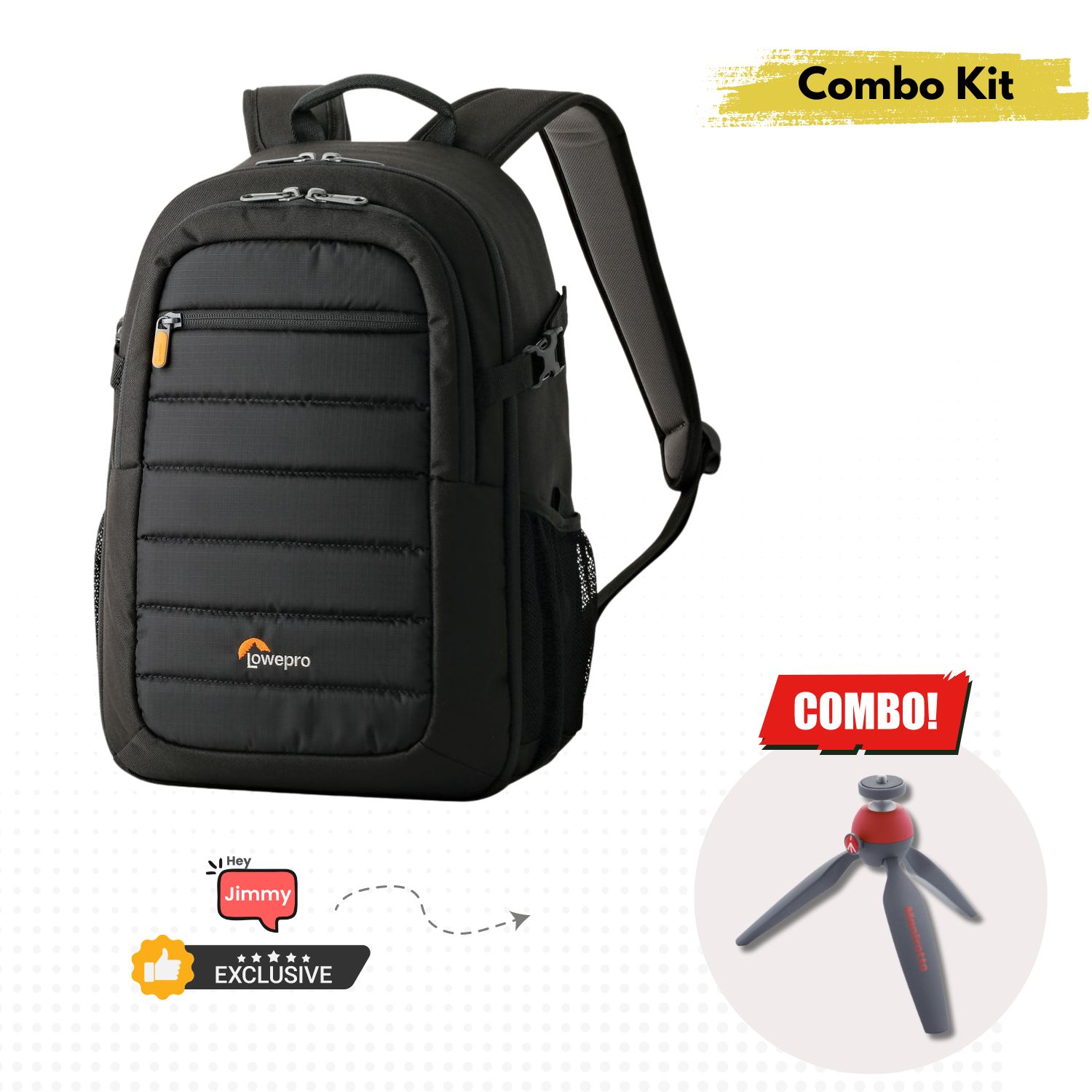 Lowepro-Tahoe-BP150-Backpack-With-Manfrotto-PIXI-Mini-Tripod-Combo-Kit-Black-Online-Buy-India - Hey Jimmy