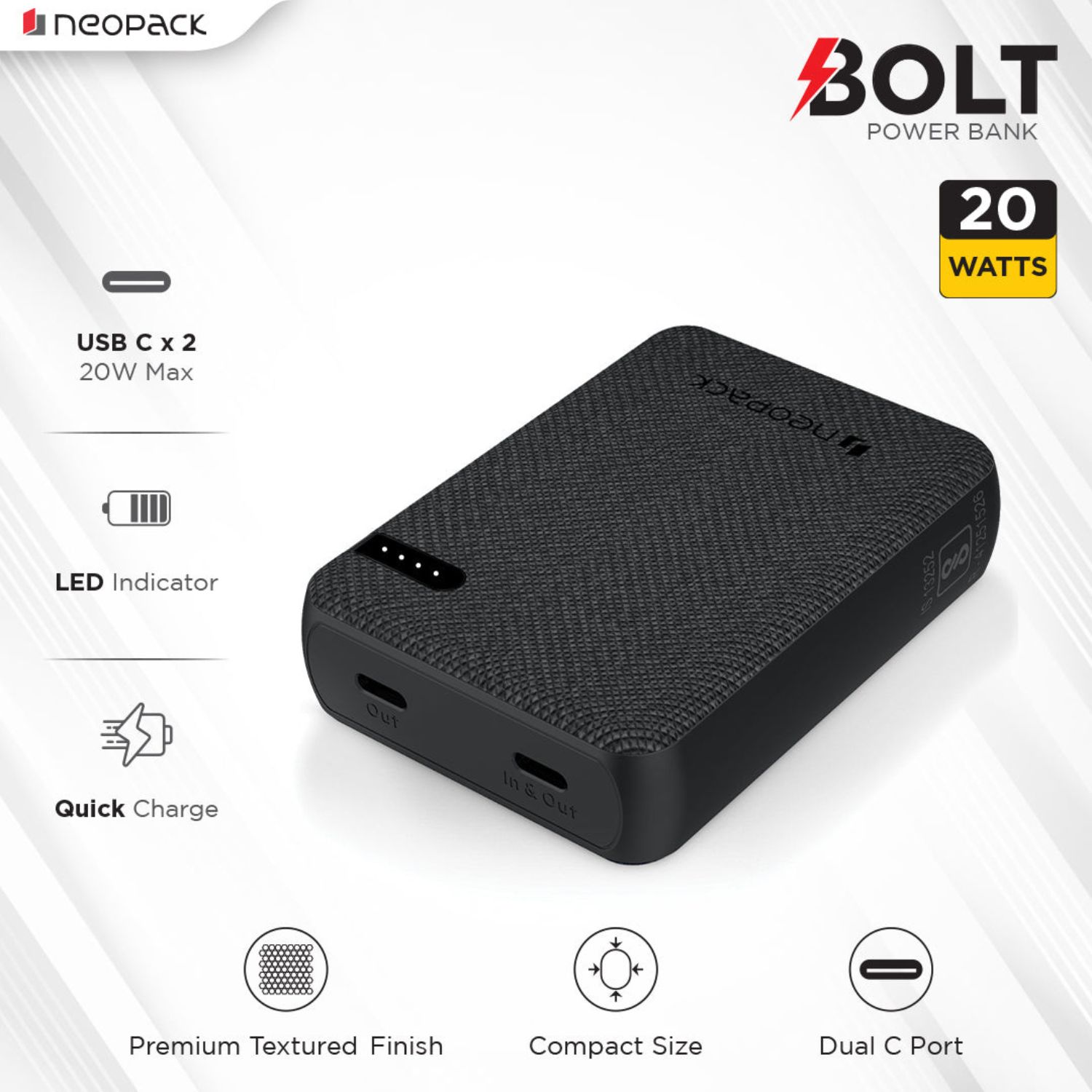 Neopack-Bolt-10000-mAH-Power-Bank-with-Dual-USB-C-Port-Black-Online-Buy-India - Hey Jimmy