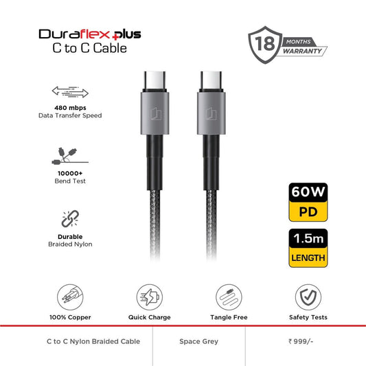 Neopack-Duraflex-60W-Type-C-to-C-Unbreakable-Nylon-Braided-Charing-Cable-1.5-Mtr-Online-Buy-India - Hey Jimmy