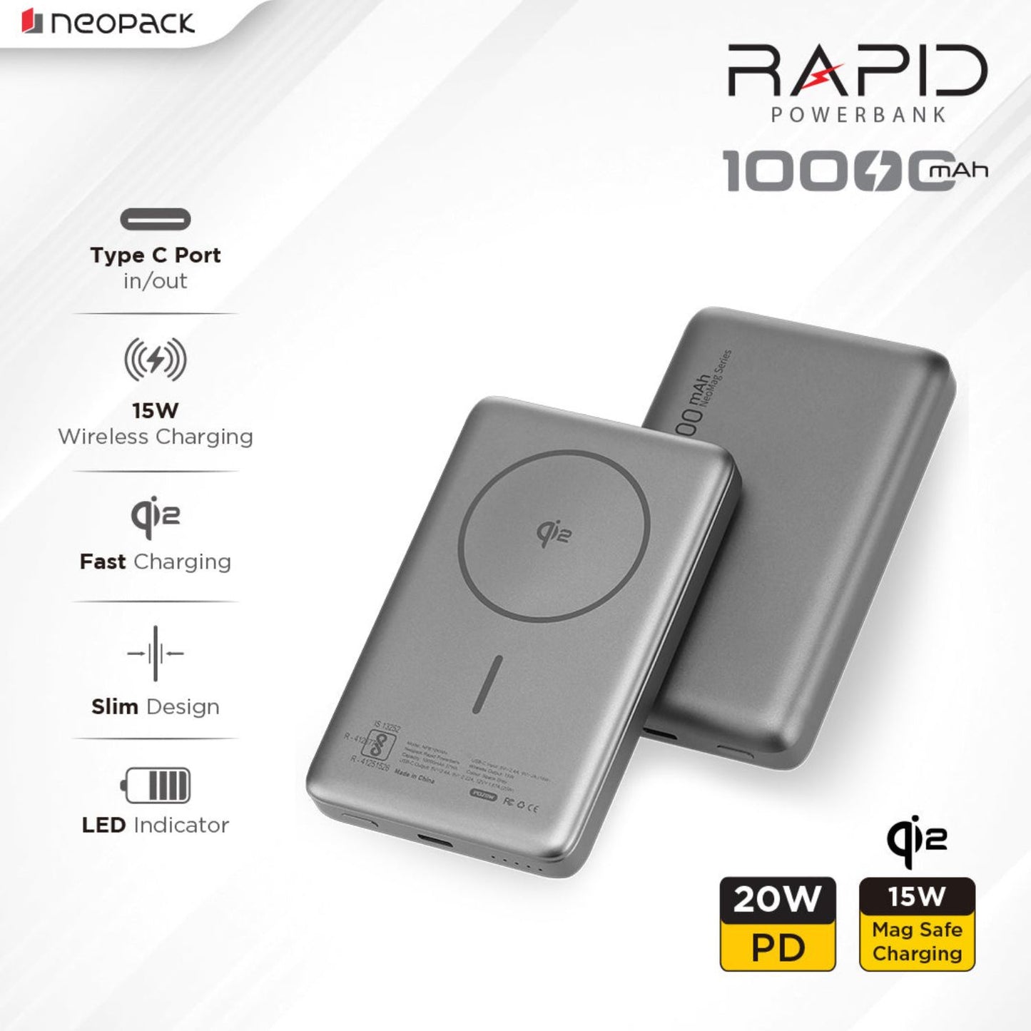 Neopack-Rapid-Qi2-Fast-Charging-Magsafe-Power-Bank-10000-MAH-with-Wireless-Charging-Space-Grey-Online-Buy-India - Hey Jimmy