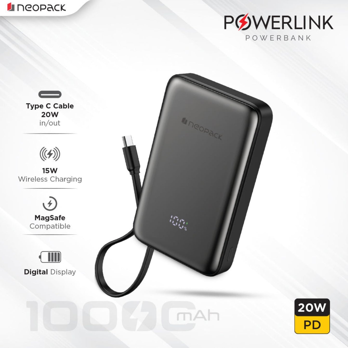Neopack 10000 MHA Powerline Digital Display Magnetic Power Bank with Magsafe Wireless Charging Support