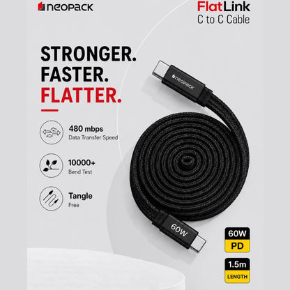 Neopack Flatlink Type-C to C 60W PD Fast 1.5M Charging Cable