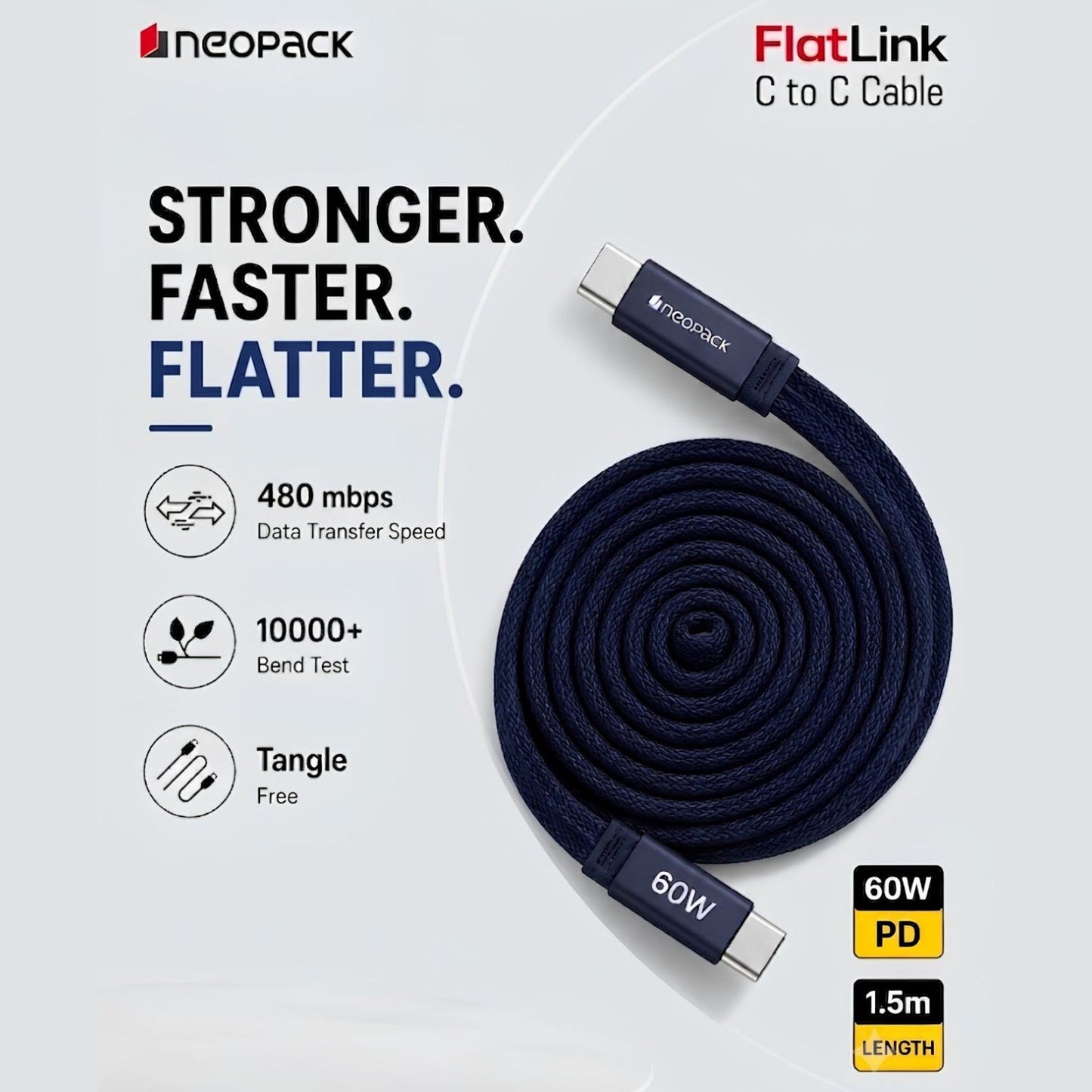 Neopack Flatlink Type-C to C 60W PD Fast 1.5M Charging Cable