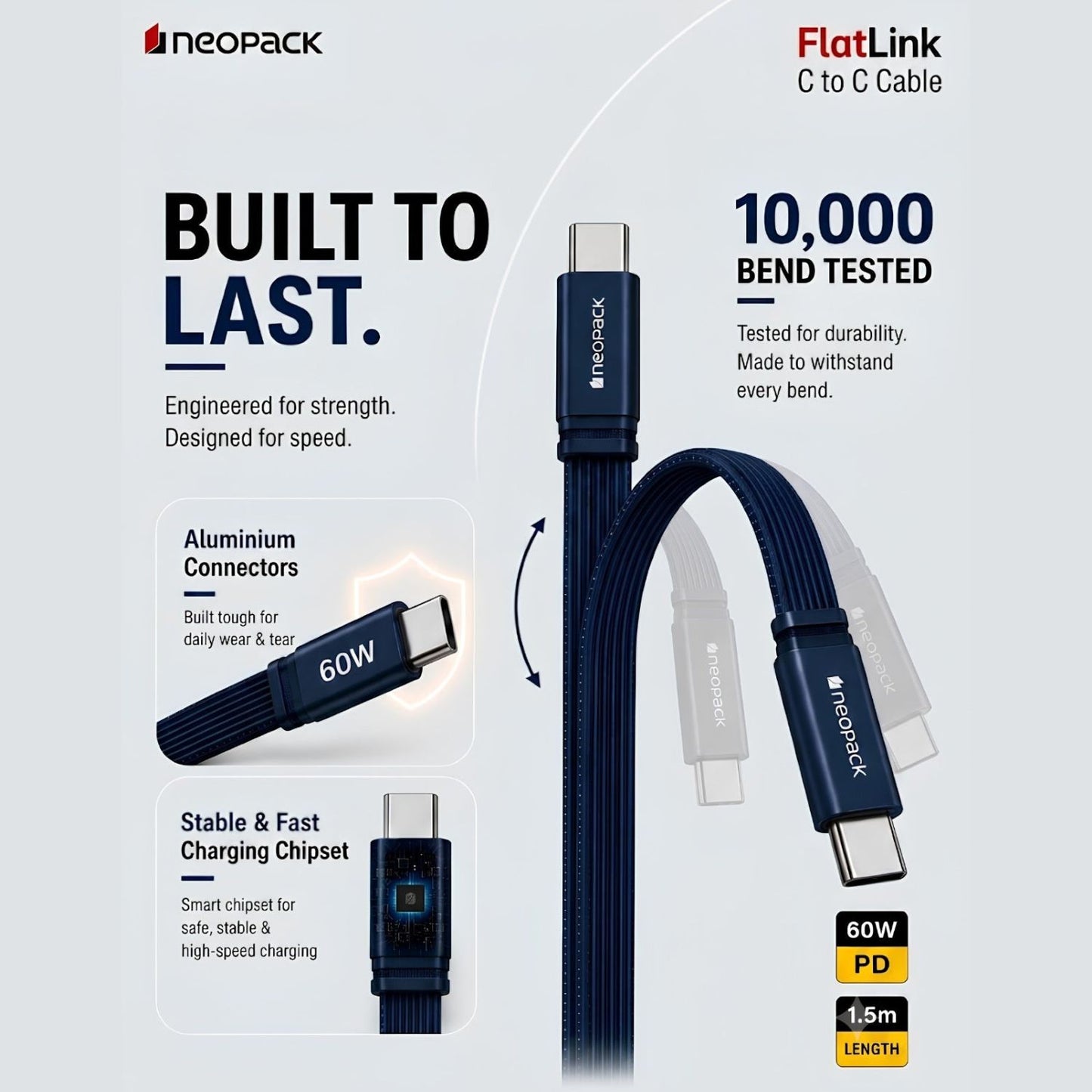 Neopack Flatlink Type-C to C 60W PD Fast 1.5M Charging Cable