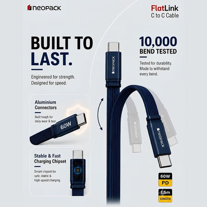 Neopack Flatlink Type-C to C 60W PD Fast 1.5M Charging Cable