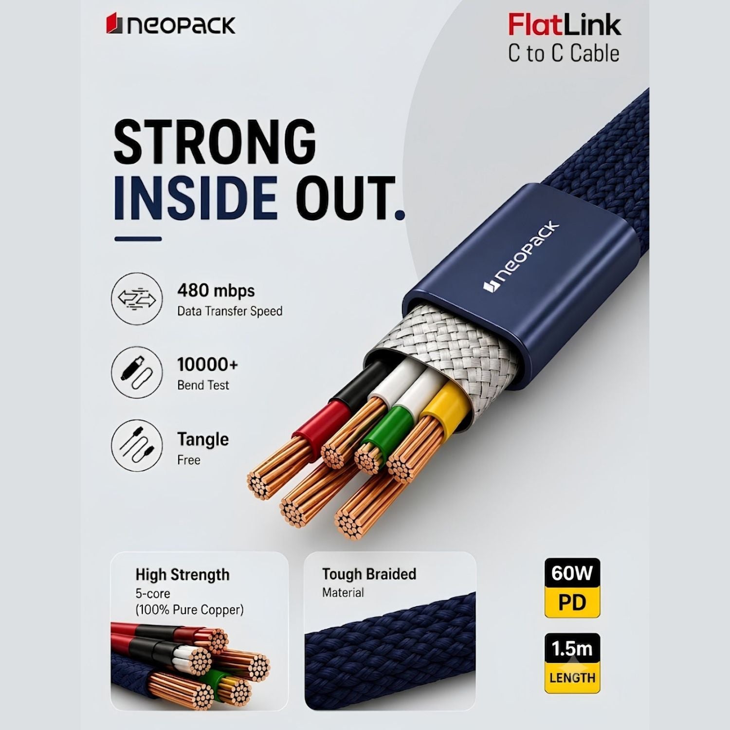 Neopack Flatlink Type-C to C 60W PD Fast 1.5M Charging Cable