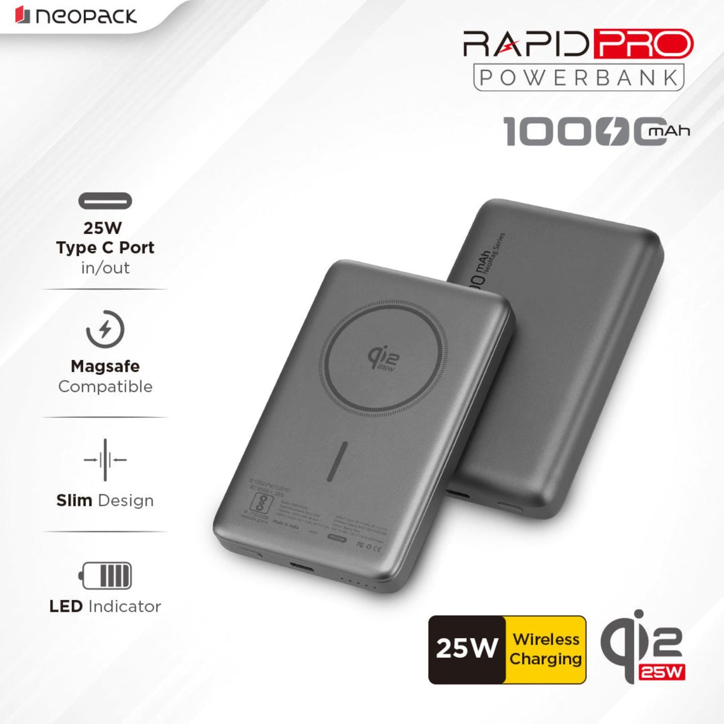 Neopack Rapid Pro Magsafe Power Bank 10000 mAH, 25W Fast Wireless Charging with Qi2 Technology