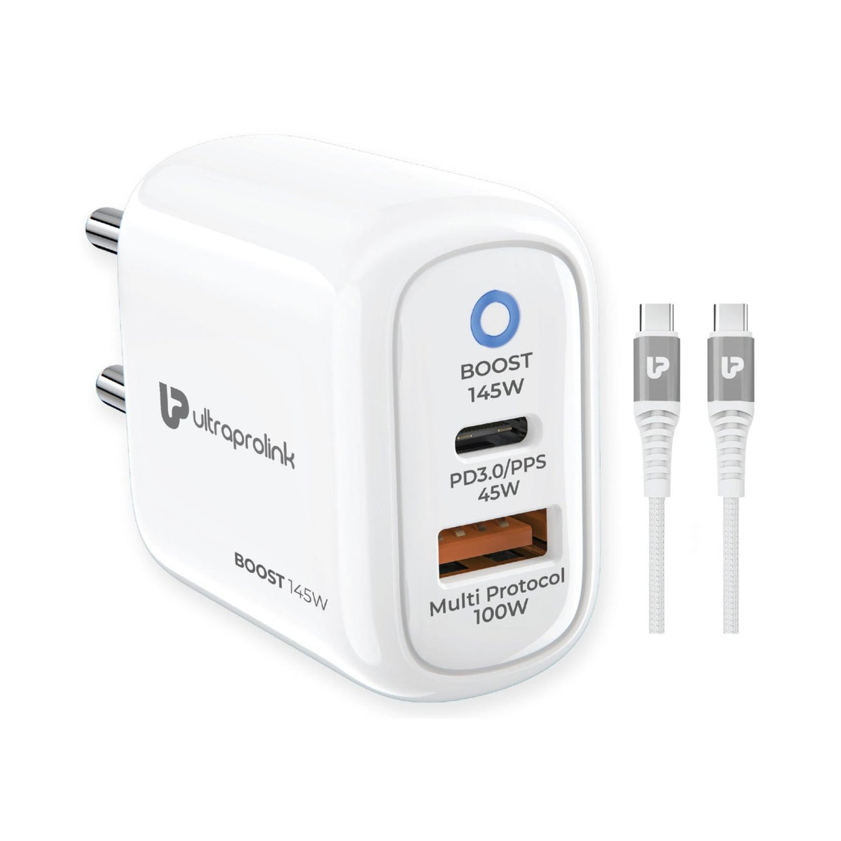 Ultraprolink Boost 145 Dual USB Multi-Protocol Fast Travel Charger with 1m C-C Cable