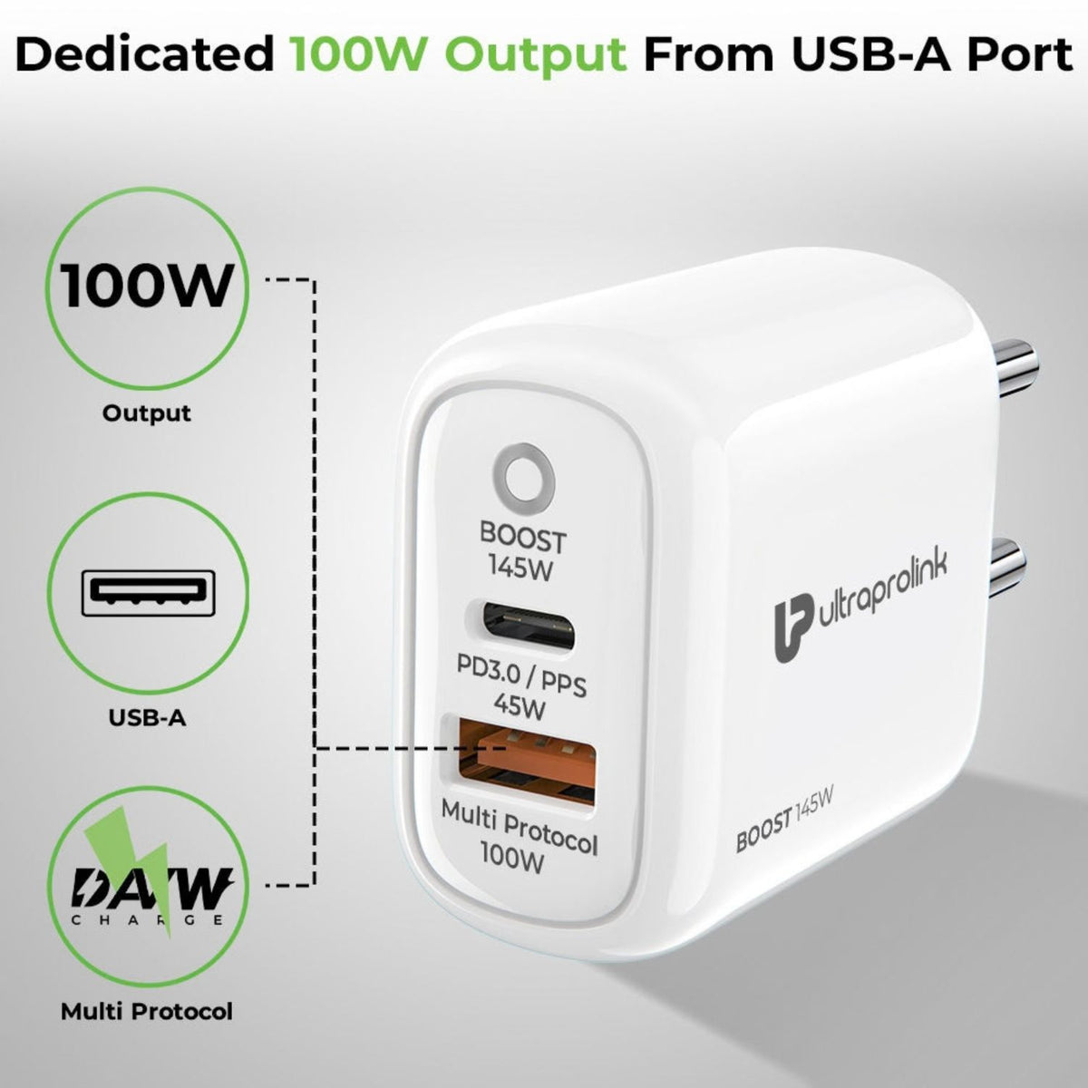 Ultraprolink Boost 145 Dual USB Multi-Protocol Fast Travel Charger with 1m C-C Cable