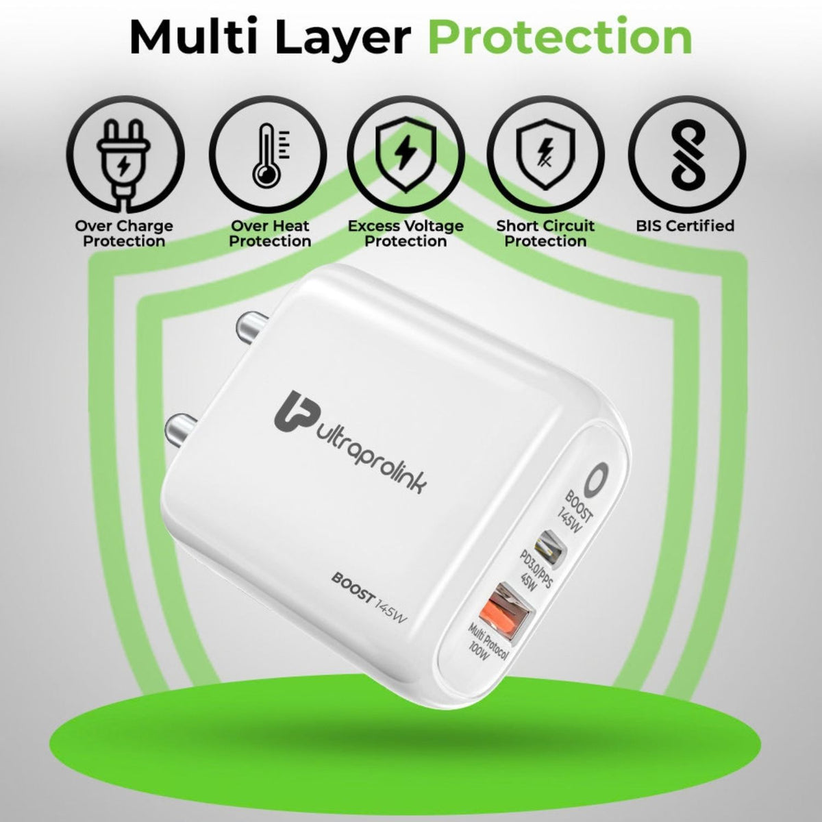 Ultraprolink Boost 145 Dual USB Multi-Protocol Fast Travel Charger with 1m C-C Cable