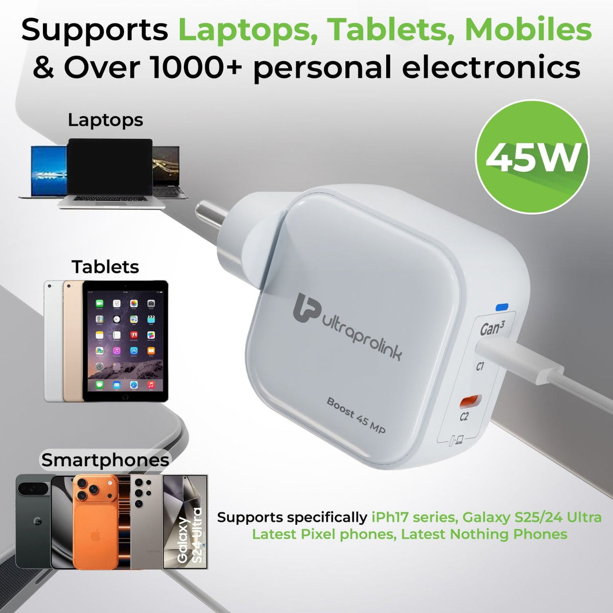 Ultraprolink Boost 45 MP Multi-Protocol Fast Travel Charger with 1m Type C Cable