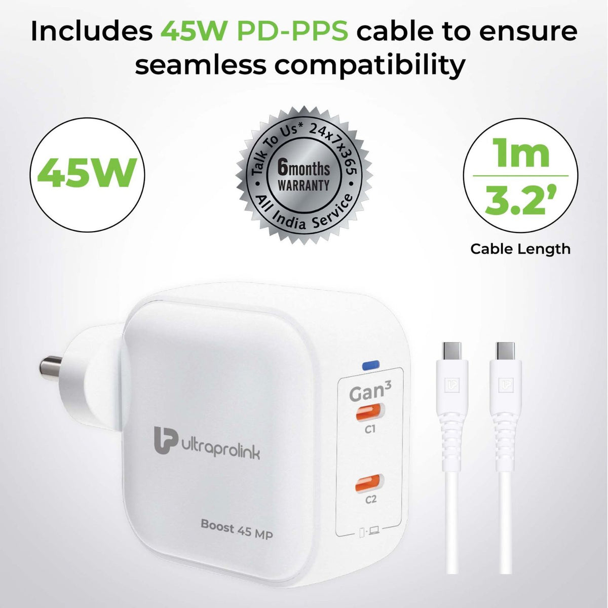 Ultraprolink Boost 45 MP Multi-Protocol Fast Travel Charger with 1m Type C Cable