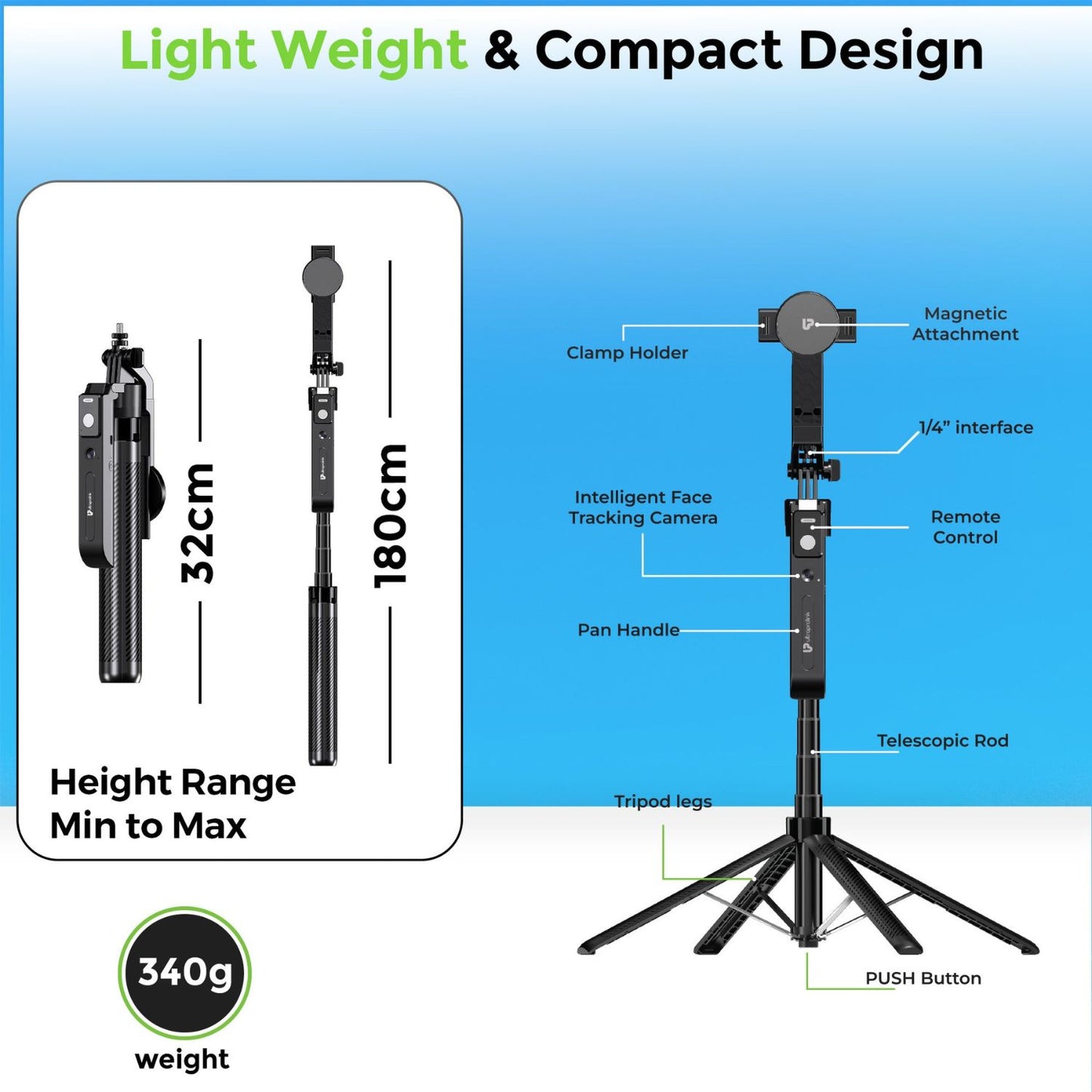 Ultraprolink Snap-Z Aura AI Face Tracking Tripod 180cm with 360 degree Rotation