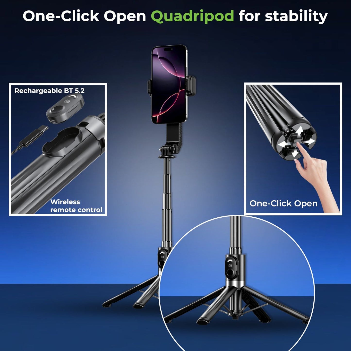 Ultraprolink Snap-Z Pro 3 in 1 Gimbal Selfie Stick & Extendible Quadripod
