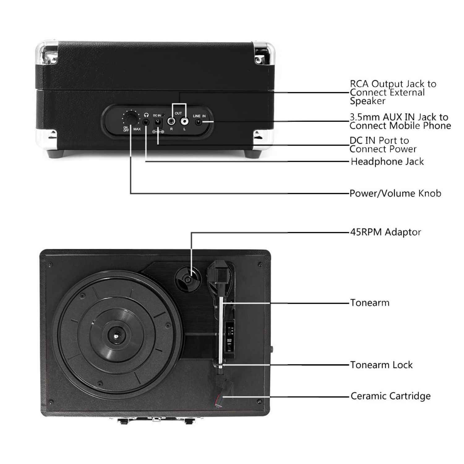 Claw Stag Portable Vinyl Record Player Turntable with Built-in Stereo Speakers (Black)