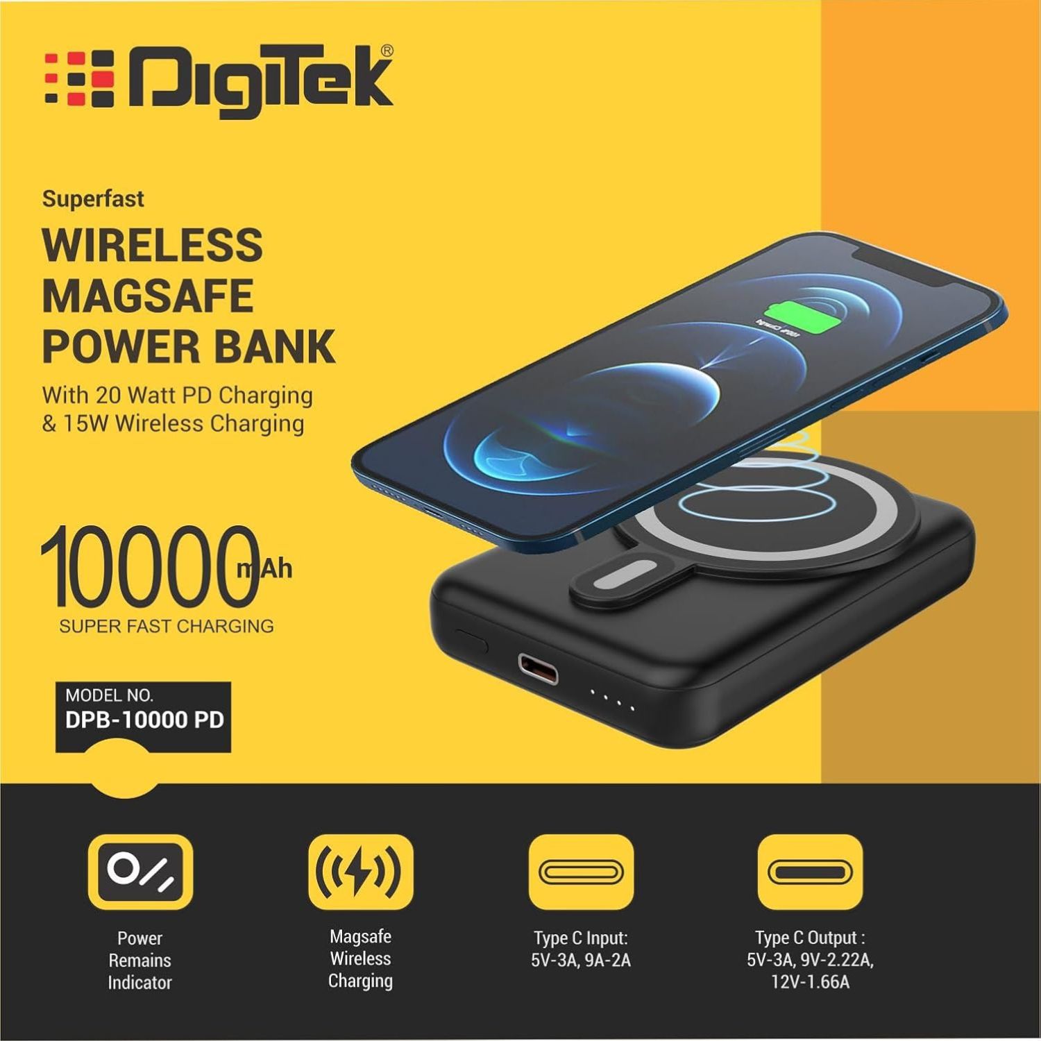 Digitek DPB-10000 PD Superfast Magsafe Power Bank with 15W Wireless & 20 Watt PD Charging with Type C Port