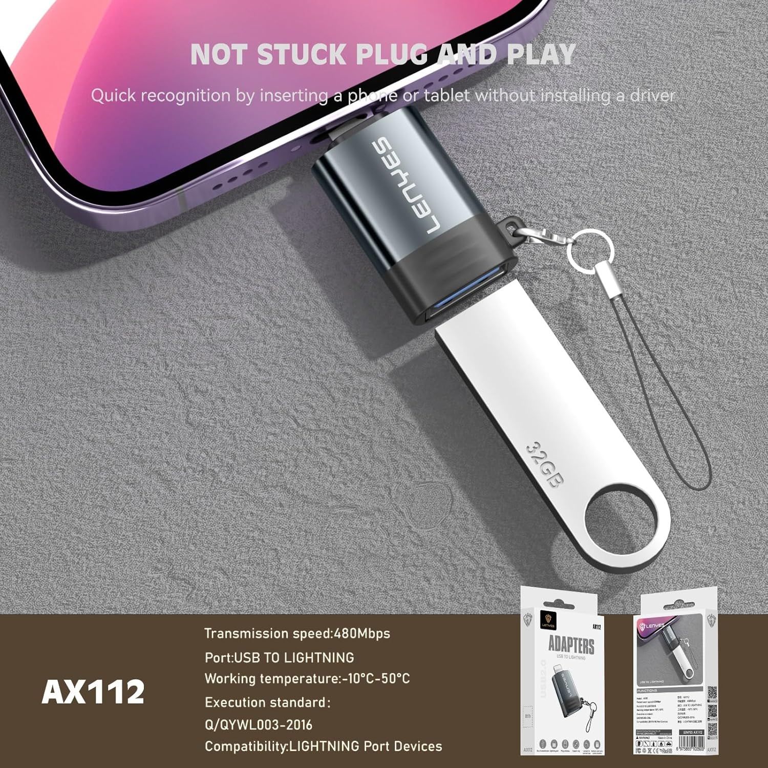 Lenyes AX112 USB 2.0 Female to Lightning Male OTG Adapter