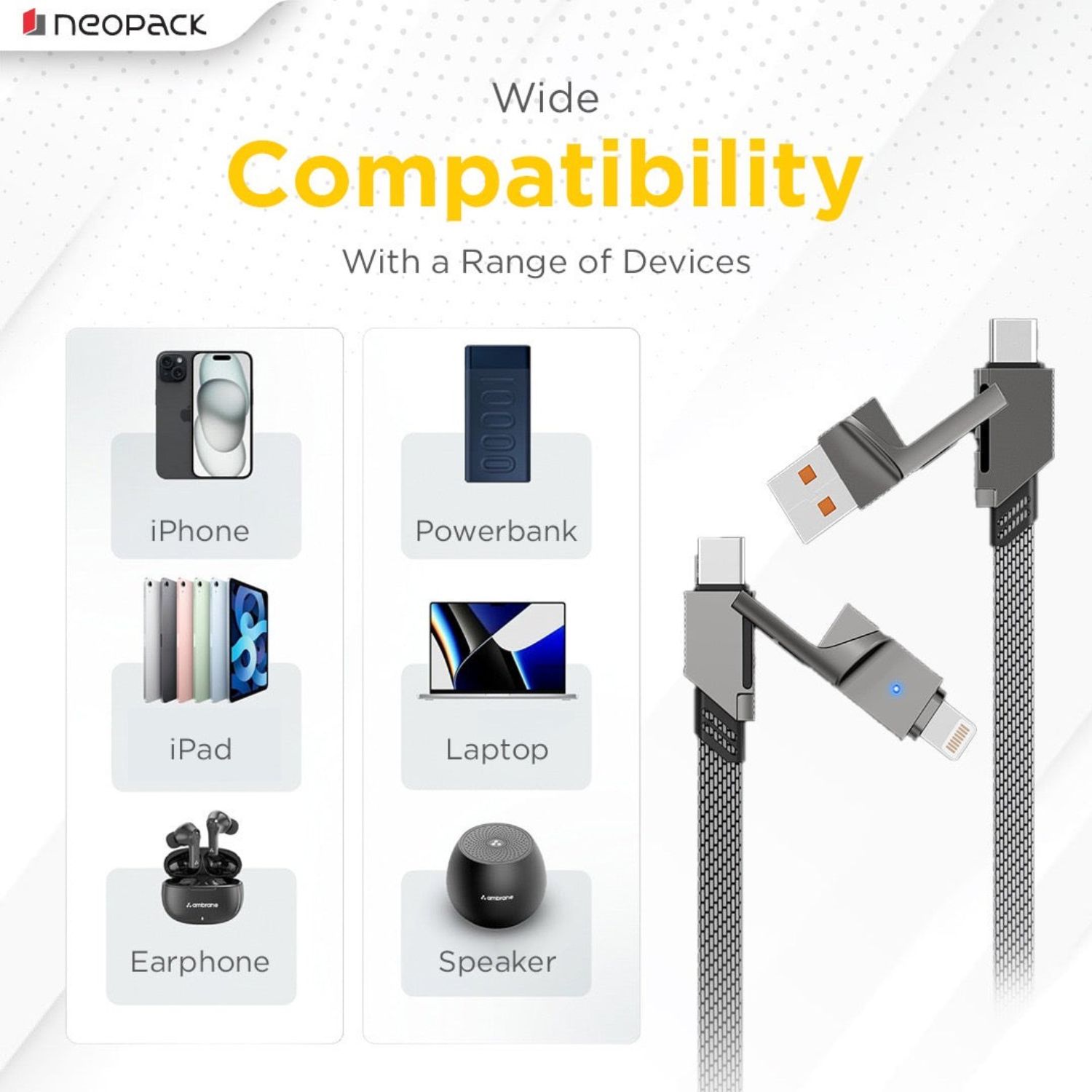 Neopack Almighty 4IN1 Nylon Braided Cable 66W for Smartphones, Laptops & More (1M)