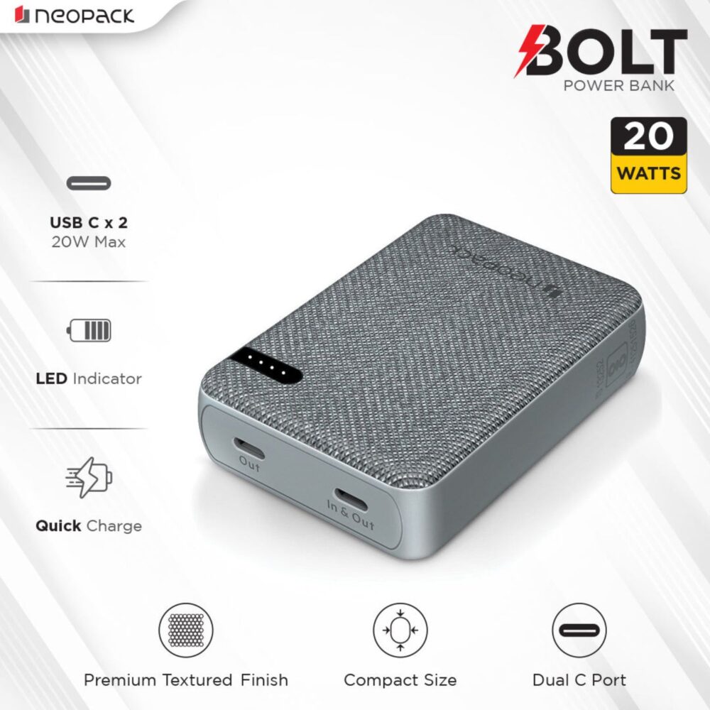 Neopack 10000mAH Bolt Power Bank with Dual USB-C Port