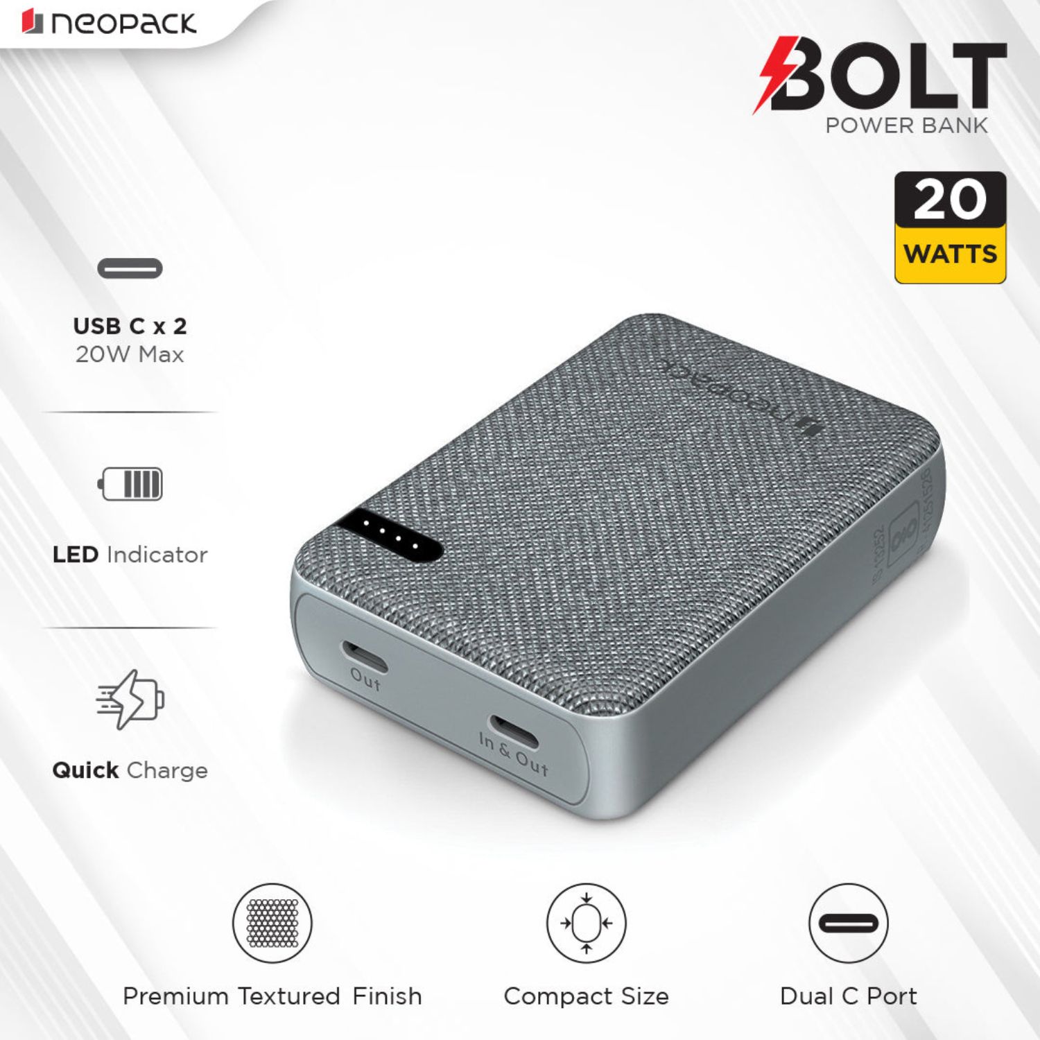 Neopack 10000mAH Bolt Power Bank with Dual USB-C Port