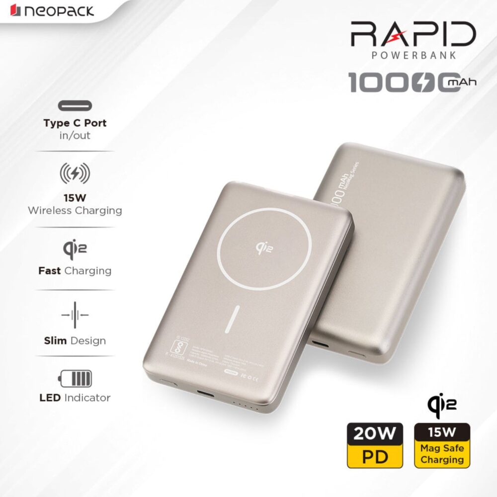 Neopack 10000mAh Rapid Qi2 Fast Charging Magsafe Power Bank with Wireless Charging