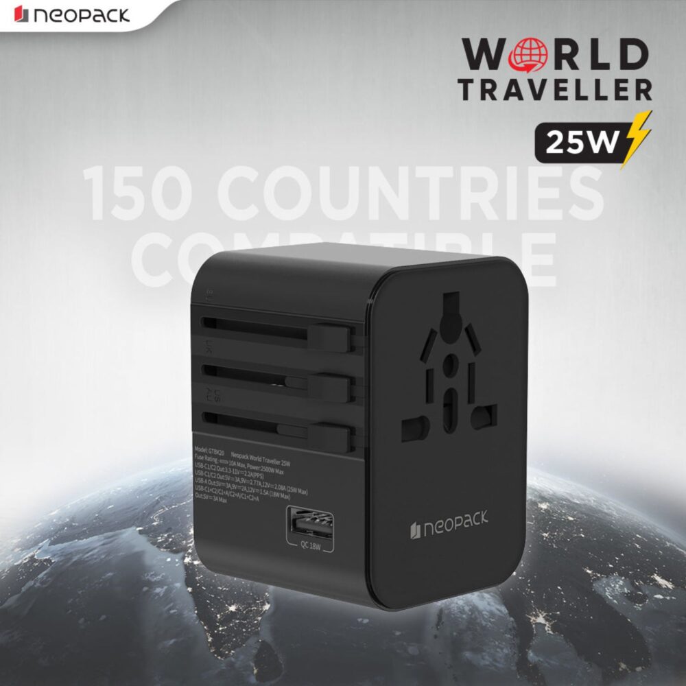 Neopack World Traveller Adapter 25W with India Plug Compatible Sockets